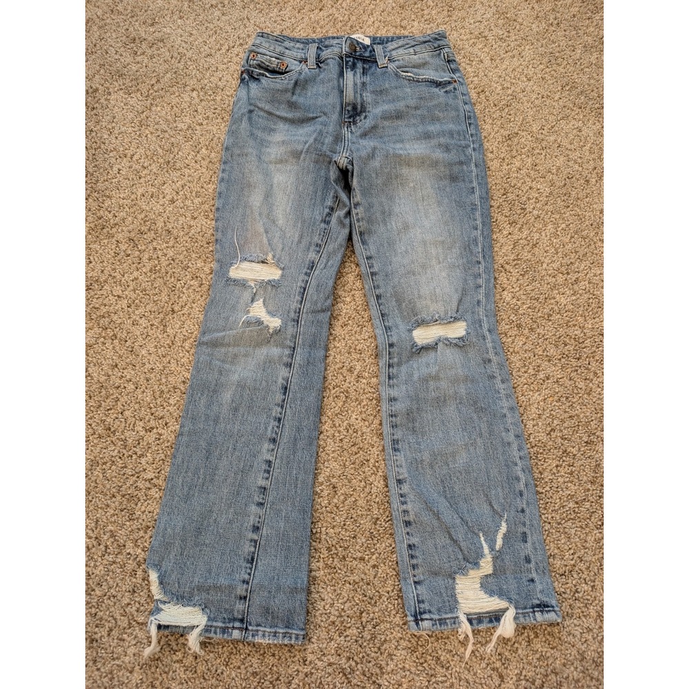 Pistola Distressed High Rise Straight Leg Jeans Light Wash Raw Hem Size 25